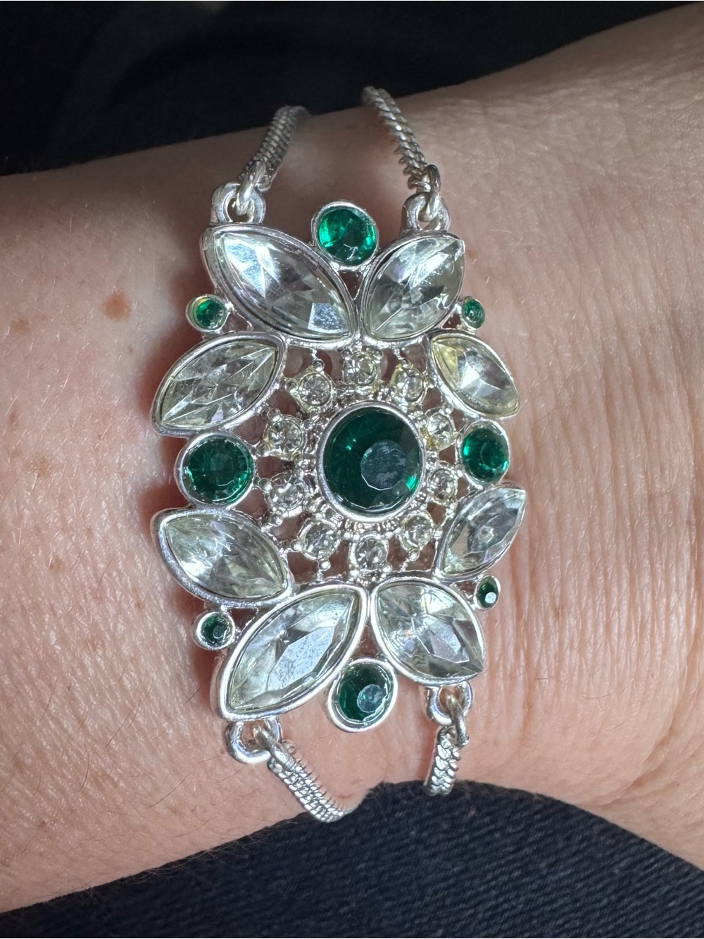 Silver-Tone Green and Clear Crystal Statement Bracelet